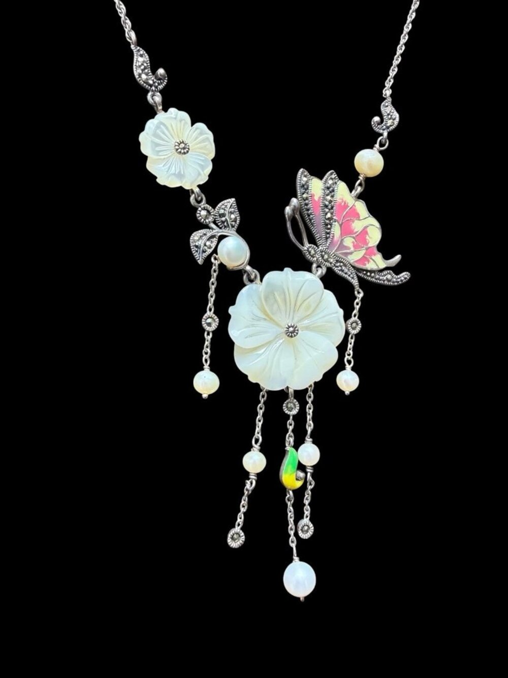 Vintage 925 Sterling Silver Carved MOP Flower Enameled Butterfly Necklace - Picture 7 of 7